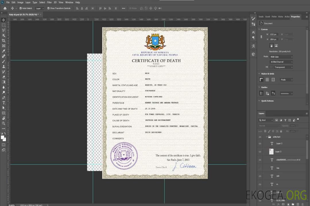 Modèle PSD de certificat de décès de l'état civil de la Somalie template